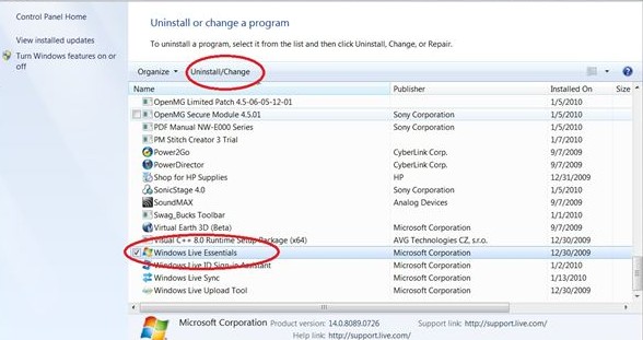 Desinstalar Windows Live Messenger 9 Vista