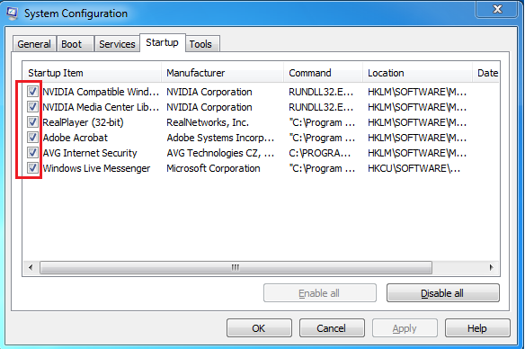 Windows Vista Startup Programs List