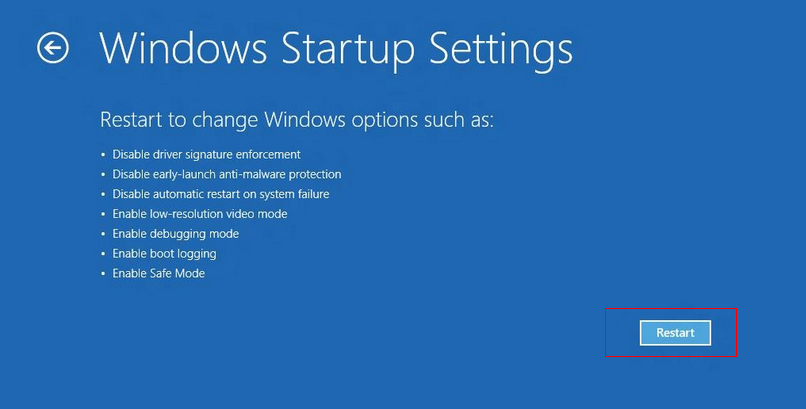 windows startup settings Restart