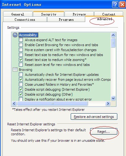 reset IE
