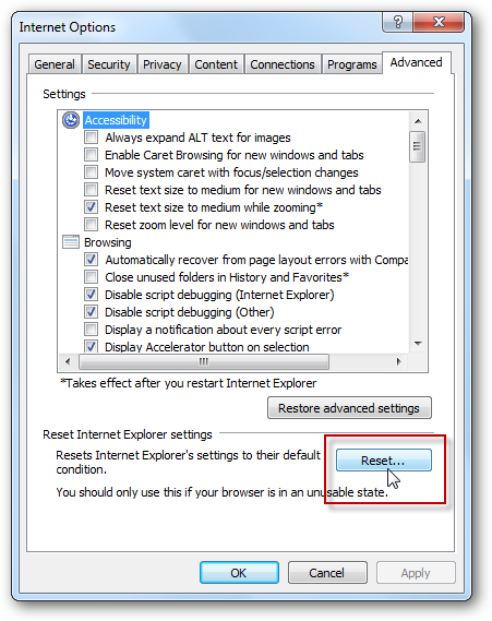 reset IE
