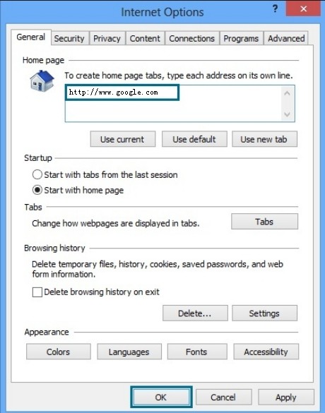 restore IE homepage from websearch.searchinweb.info