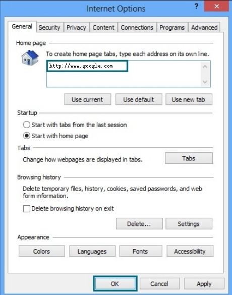 restore homepage from  lab.search.conduit.com on IE