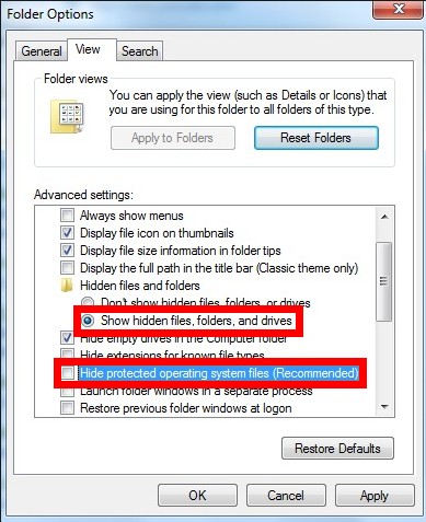 show hidden file on Windows7/XP/Vista to remove items generated by Win32/Alureon.gen!A