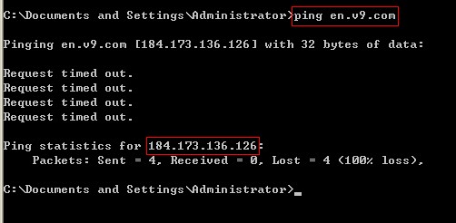 ping v9.com to modify its hosts file