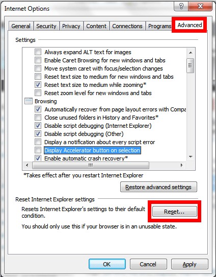 reset IE to rectify back browser settings changed by Websearch.searchtheglobe.info browser hijacker - VilmaTech