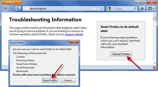 reset Firefox to rectify back browser settings changed by Websearch.searchtheglobe.info browser hijacker - VilmaTech