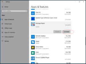 how to uninstall reimage cleaner on windows 10